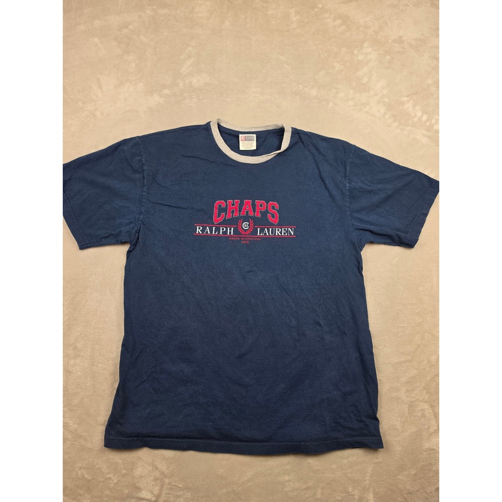 Vtg‎ Chaps Ralph Lauren T Shirt Mens XXL Fits Small Blue Ringer 90s Crest Faded